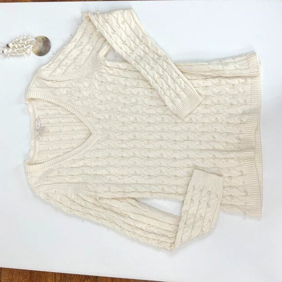 Boston Proper Sweater White/Cream V Neck Cable Knit Pearl Embellished Size M - Picture 10 of 16